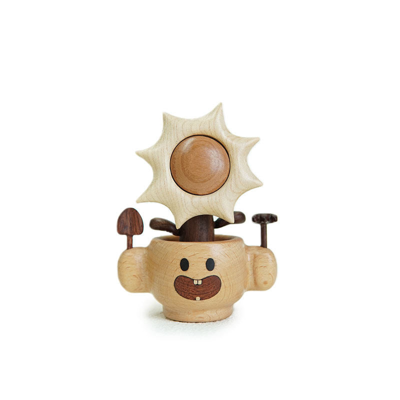 Solid Wood Desk Figurine | Spinning Sunflower Pot or Rocking Horse | Engravable Healing Desk Decor