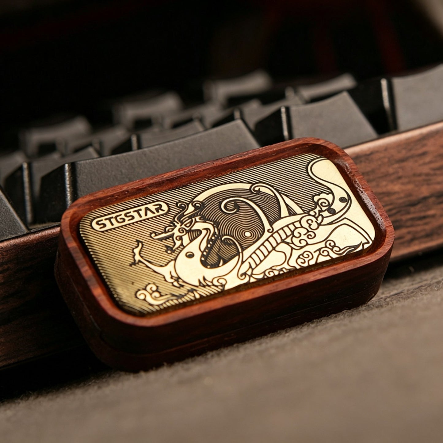 Solid Wood EDC Magnetic Push Card | Black Ebony & Rosewood | Brass Inlay | Stress Relief Fidget