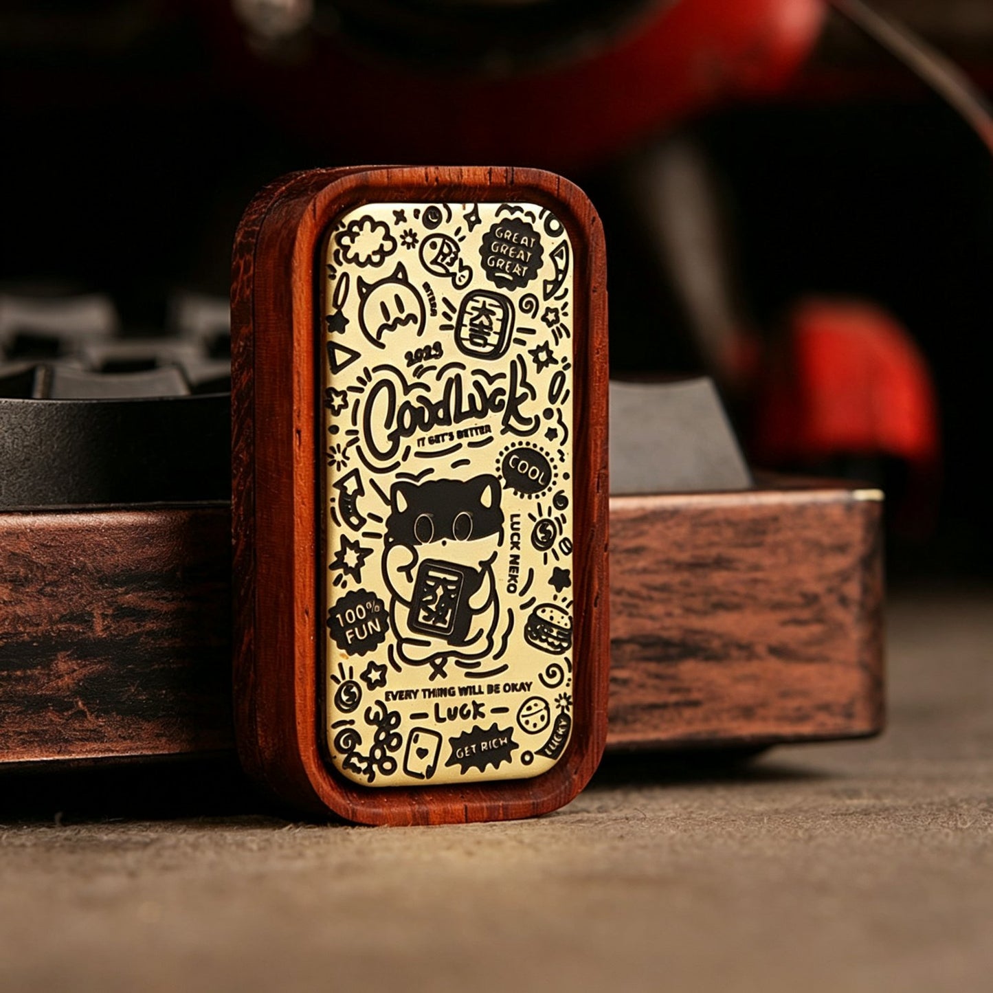 Solid Wood EDC Magnetic Push Card | Black Ebony & Rosewood | Brass Inlay | Stress Relief Fidget