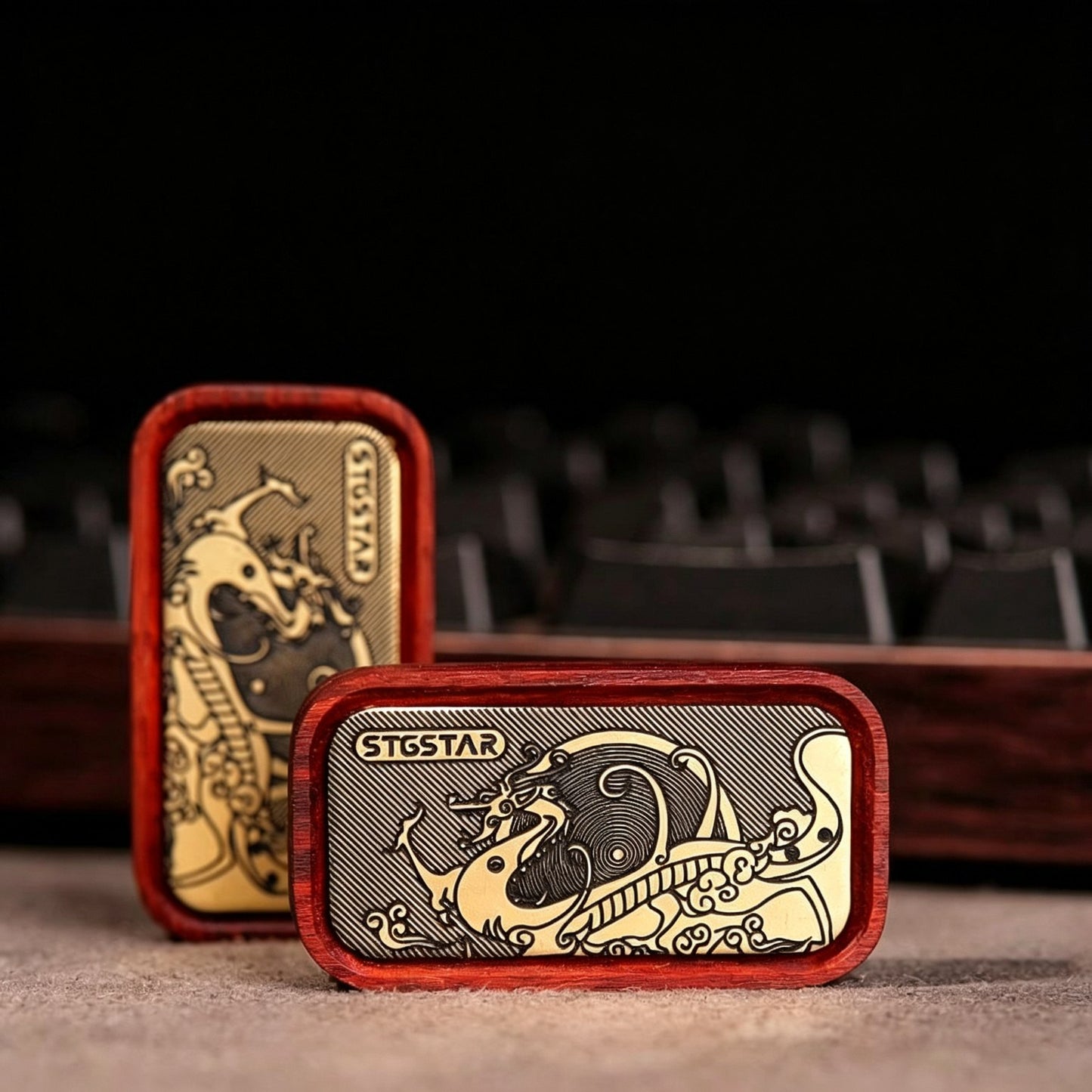 Solid Wood EDC Magnetic Push Card | Black Ebony & Rosewood | Brass Inlay | Stress Relief Fidget
