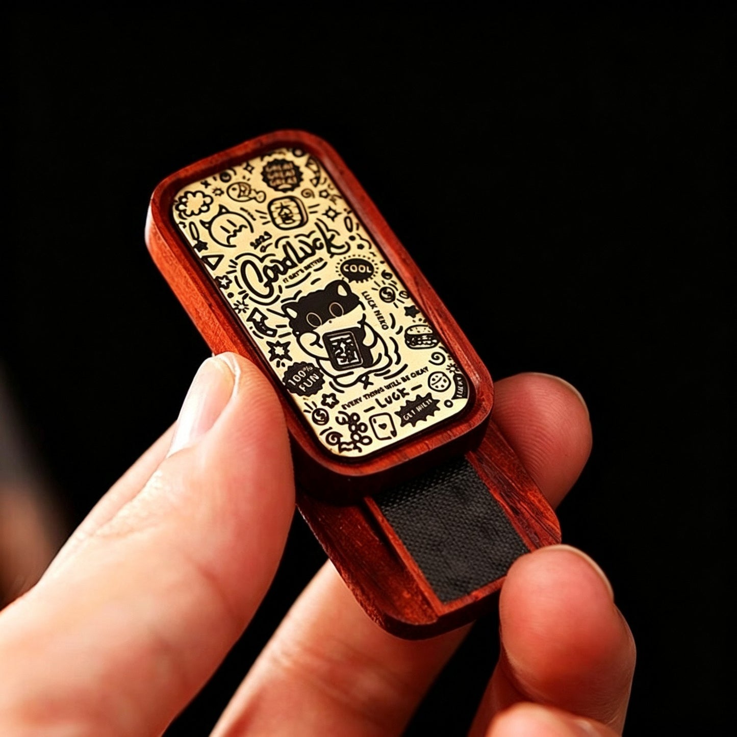 Solid Wood EDC Magnetic Push Card | Black Ebony & Rosewood | Brass Inlay | Stress Relief Fidget
