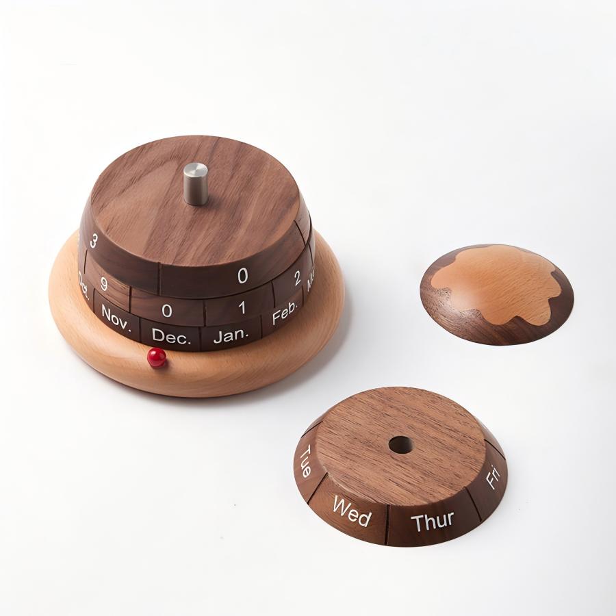 Solid Wood Globe Perpetual Calendar | Black Walnut & Beech | Rotating Desk Calendar | Engravable