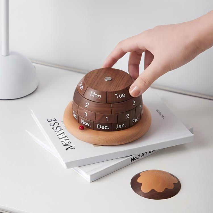 Solid Wood Globe Perpetual Calendar | Black Walnut & Beech | Rotating Desk Calendar | Engravable