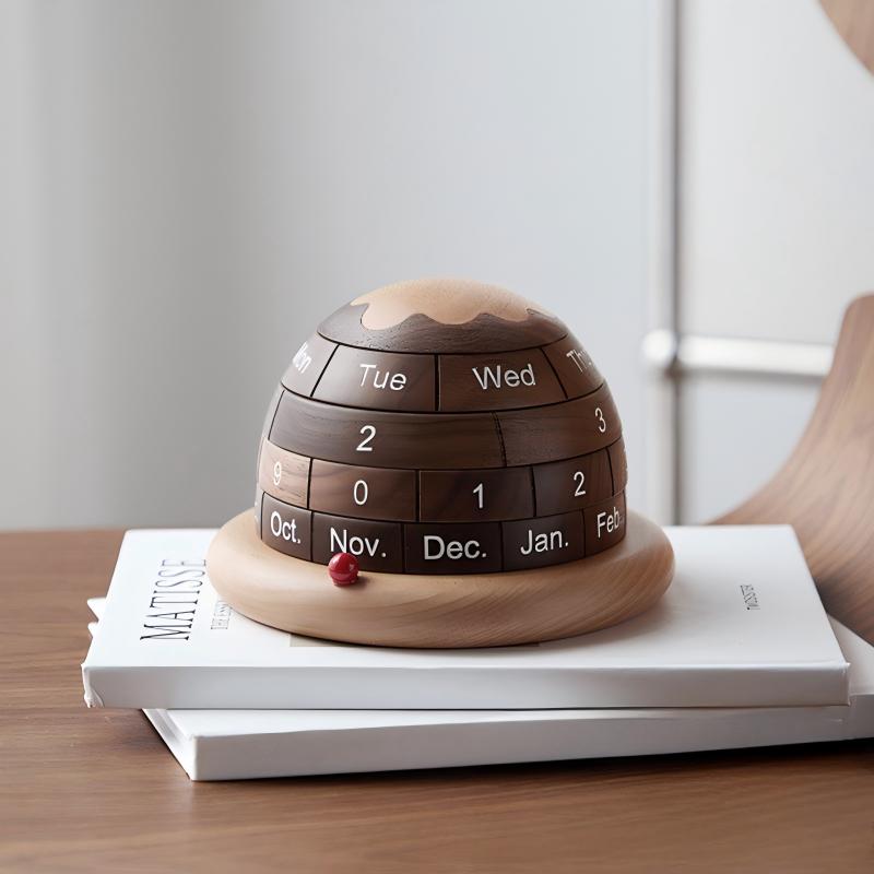 Solid Wood Globe Perpetual Calendar | Black Walnut & Beech | Rotating Desk Calendar | Engravable