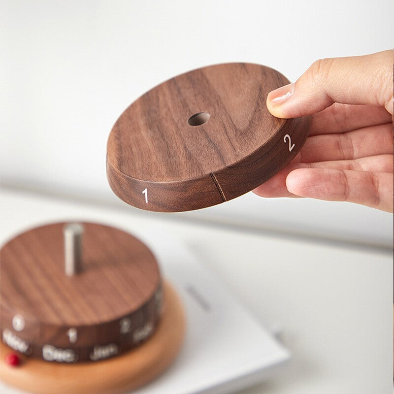 Solid Wood Globe Perpetual Calendar | Black Walnut & Beech | Rotating Desk Calendar | Engravable