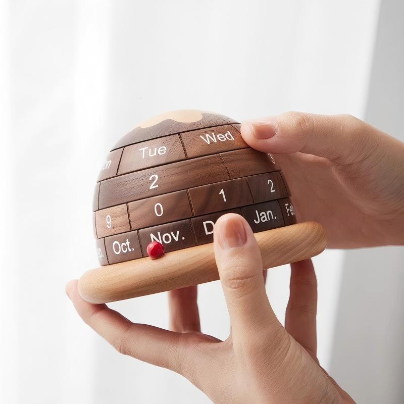 Solid Wood Globe Perpetual Calendar | Black Walnut & Beech | Rotating Desk Calendar | Engravable