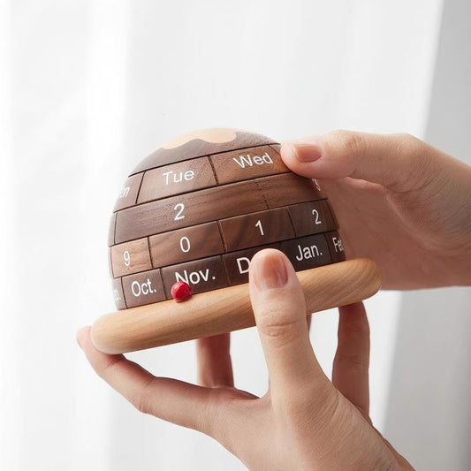 Solid Wood Globe Perpetual Calendar | Black Walnut & Beech | Rotating Desk Calendar | Engravable
