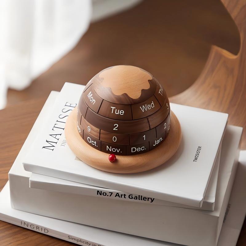 Solid Wood Globe Perpetual Calendar | Black Walnut & Beech | Rotating Desk Calendar | Engravable