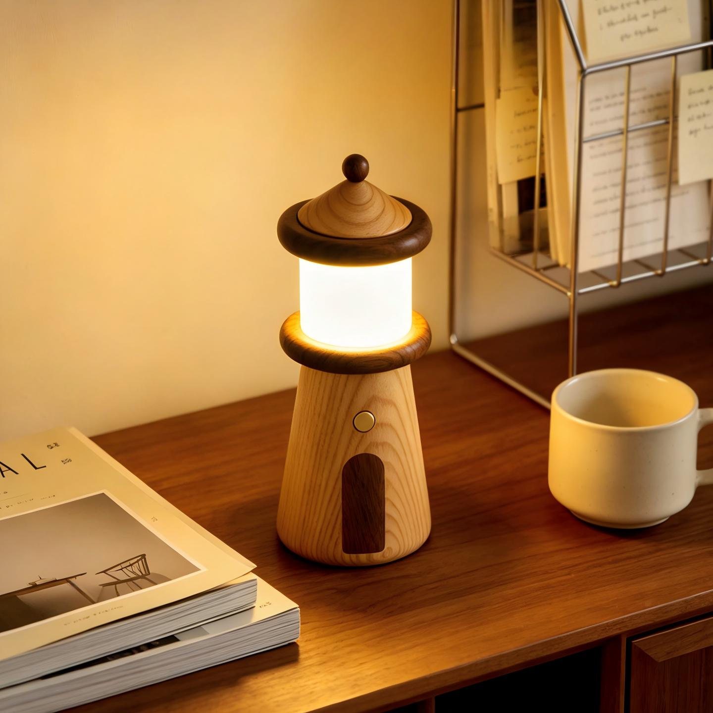 Solid Wood Lighthouse Desk Lamp | Ash & Black Walnut | 3-Color Touch Dimmer | Rechargeable | Engravable