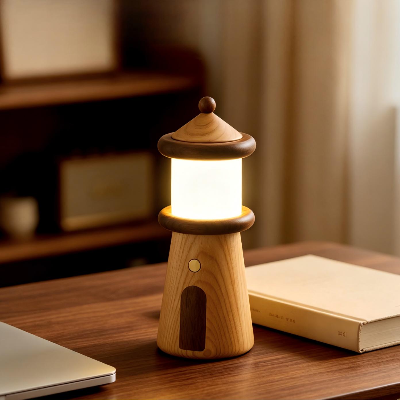 Solid Wood Lighthouse Desk Lamp | Ash & Black Walnut | 3-Color Touch Dimmer | Rechargeable | Engravable