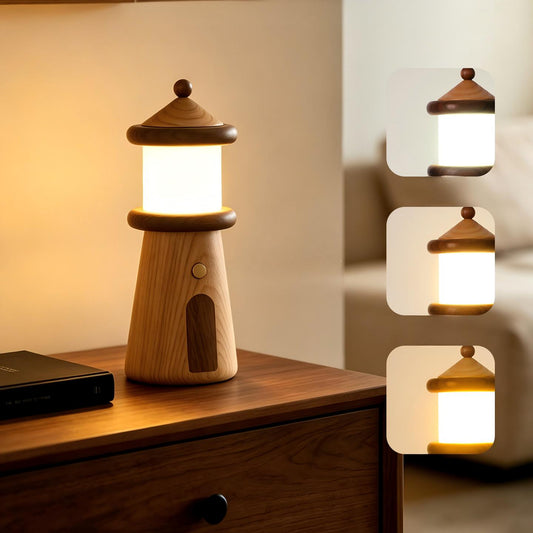 Solid Wood Lighthouse Desk Lamp | Ash & Black Walnut | 3-Color Touch Dimmer | Rechargeable | Engravable