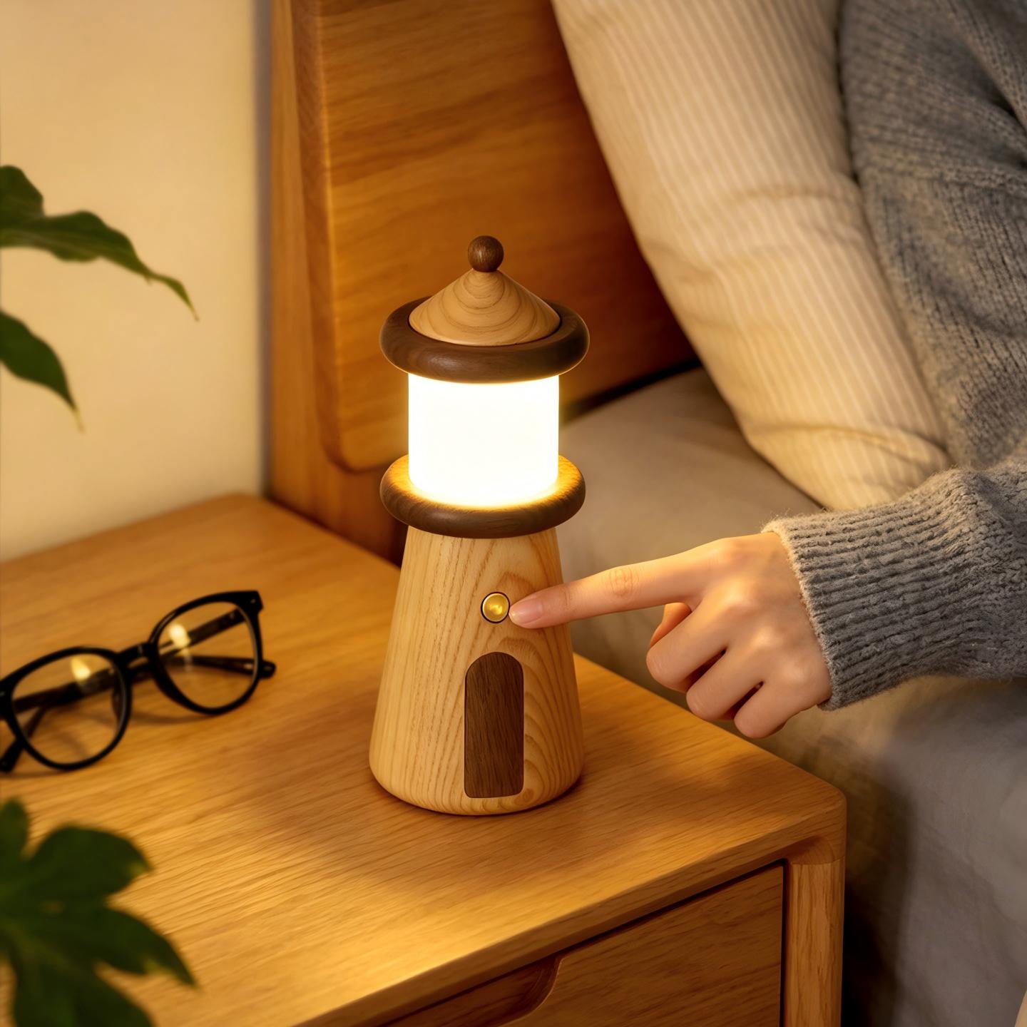 Solid Wood Lighthouse Desk Lamp | Ash & Black Walnut | 3-Color Touch Dimmer | Rechargeable | Engravable