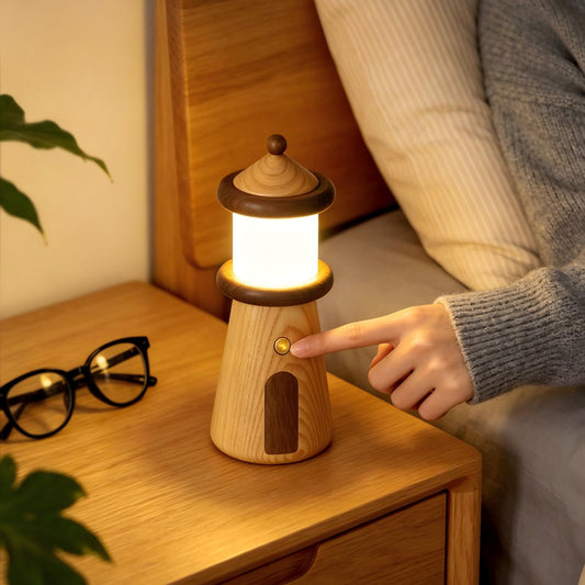 Solid Wood Lighthouse Desk Lamp | Ash & Black Walnut | 3-Color Touch Dimmer | Rechargeable | Engravable