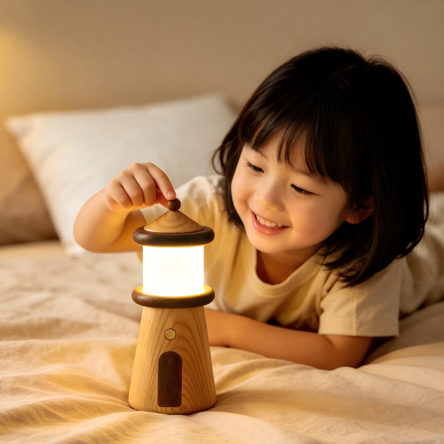 Solid Wood Lighthouse Desk Lamp | Ash & Black Walnut | 3-Color Touch Dimmer | Rechargeable | Engravable