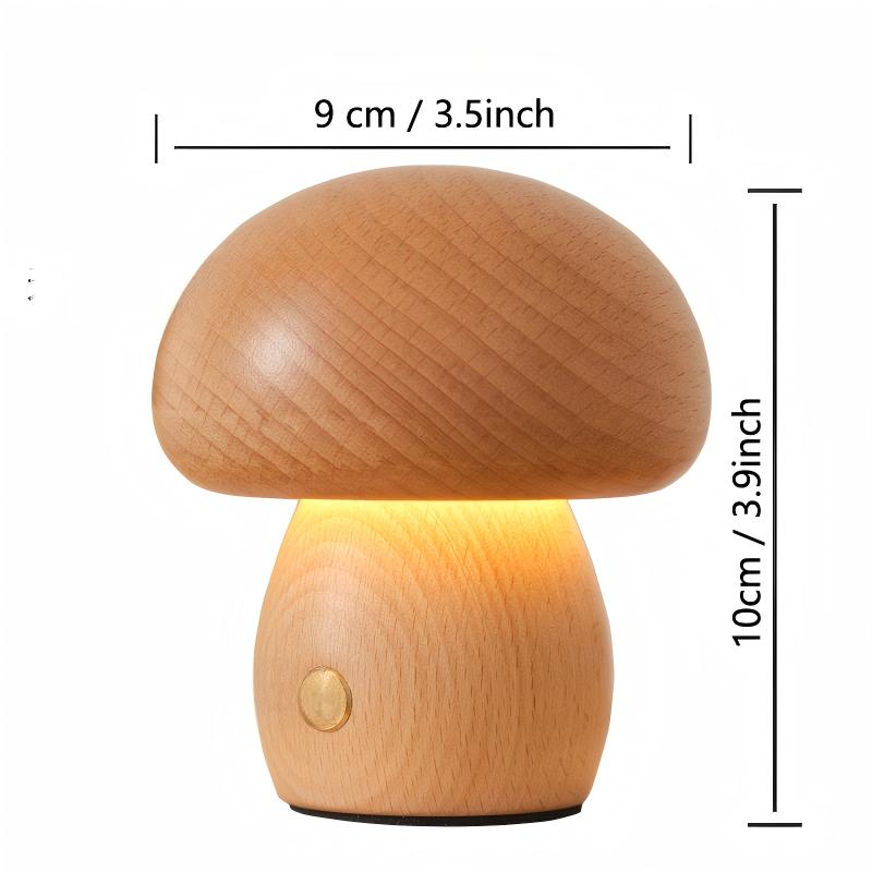 Solid Wood Mushroom Ambient Lamp | 3000K Warm LED Night Light | Touch Dimmer | Engravable Desk Decor