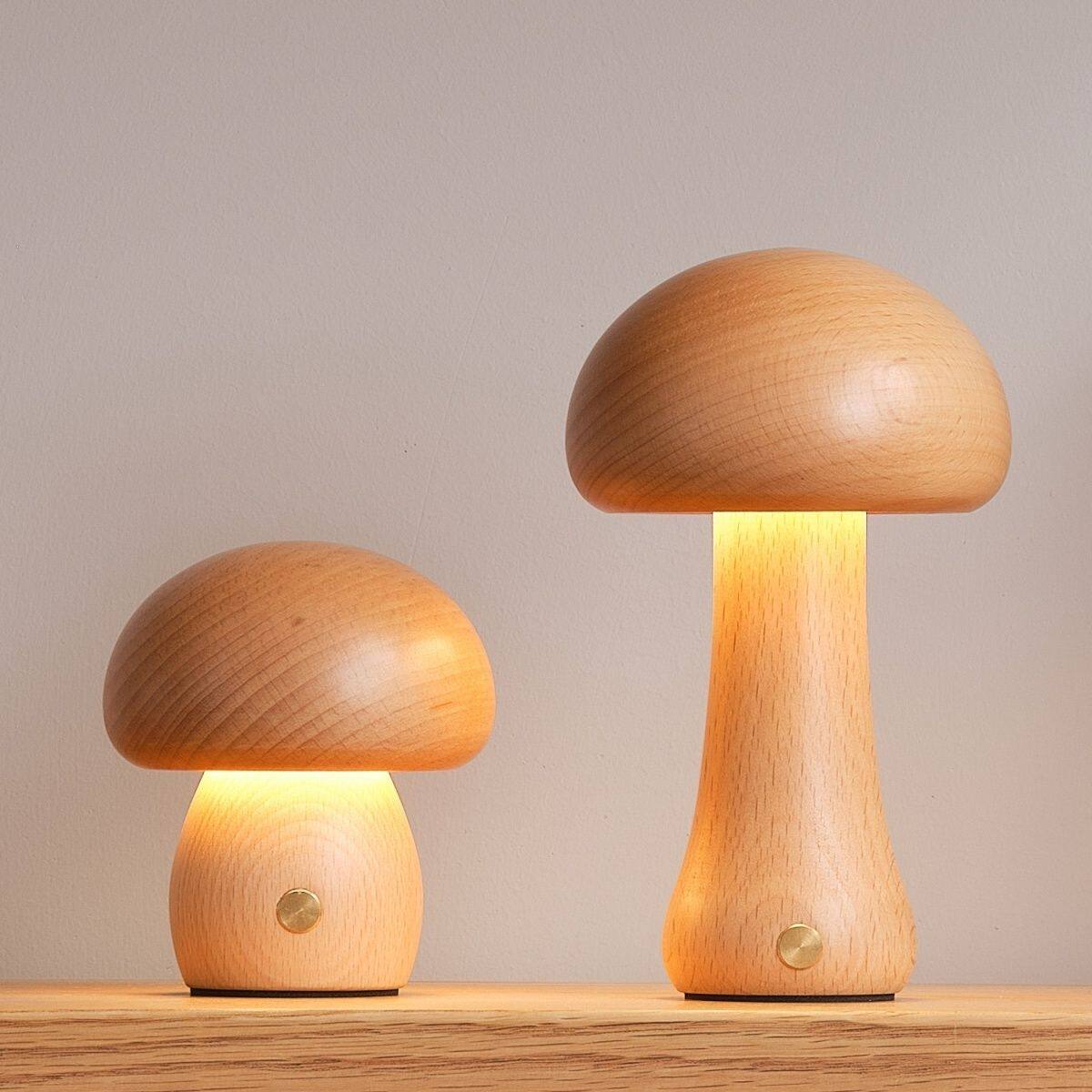 Solid Wood Mushroom Ambient Lamp | 3000K Warm LED Night Light | Touch Dimmer | Engravable Desk Decor