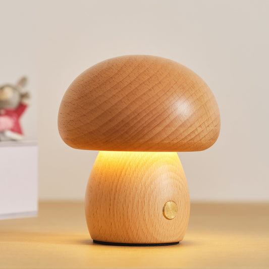 Solid Wood Mushroom Ambient Lamp | 3000K Warm LED Night Light | Touch Dimmer | Engravable Desk Decor