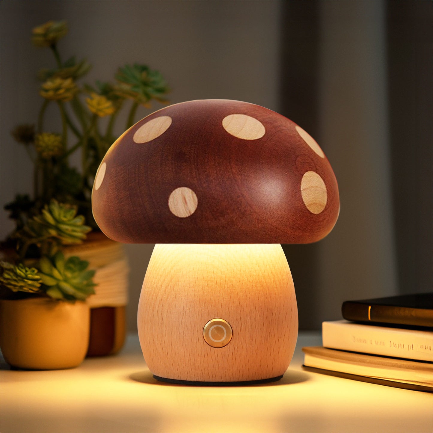 Solid Wood Mushroom Ambient Lamp | 3000K Warm LED Night Light | Touch Dimmer | Engravable Desk Decor