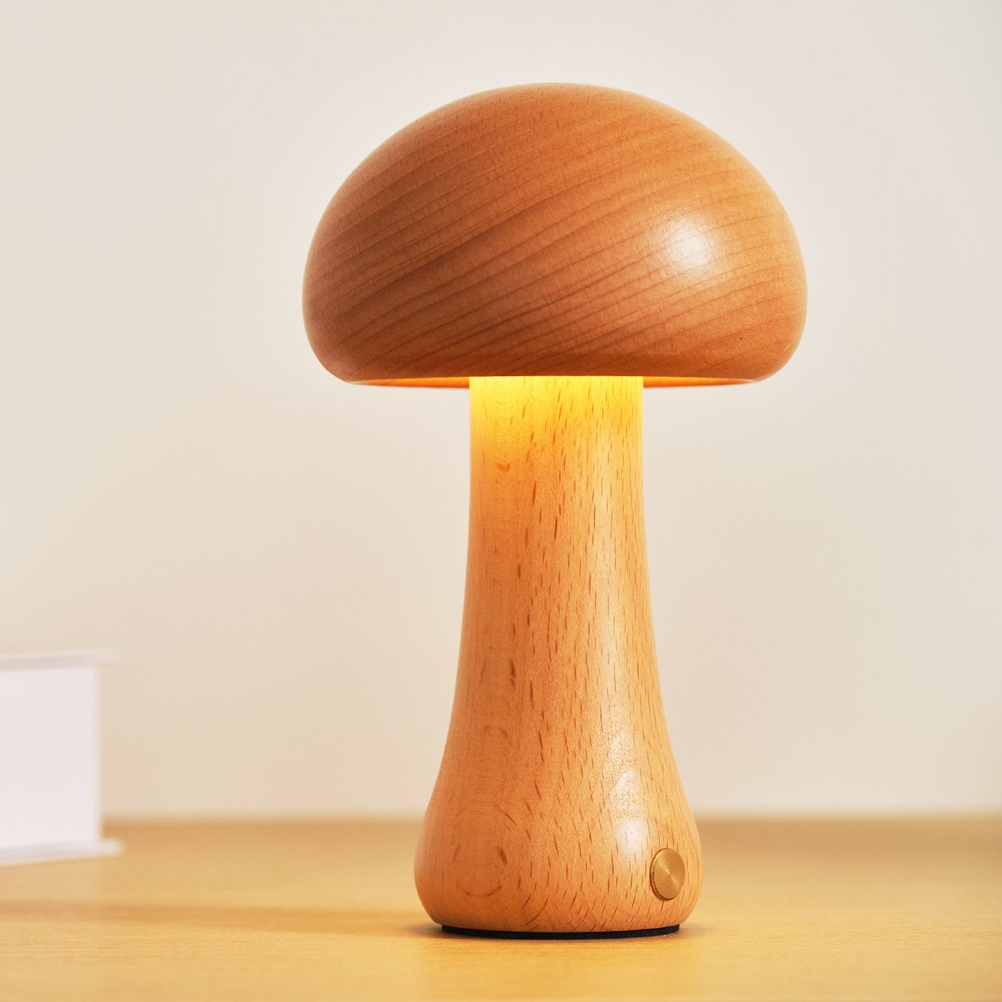 Solid Wood Mushroom Ambient Lamp | 3000K Warm LED Night Light | Touch Dimmer | Engravable Desk Decor