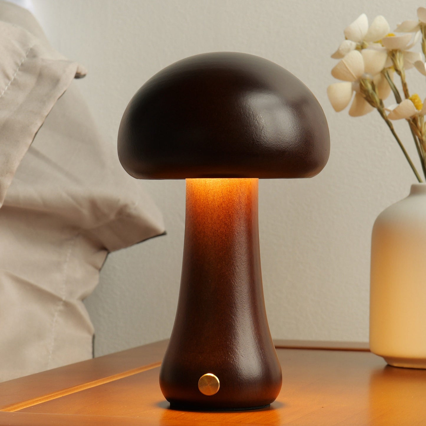 Solid Wood Mushroom Ambient Lamp | 3000K Warm LED Night Light | Touch Dimmer | Engravable Desk Decor