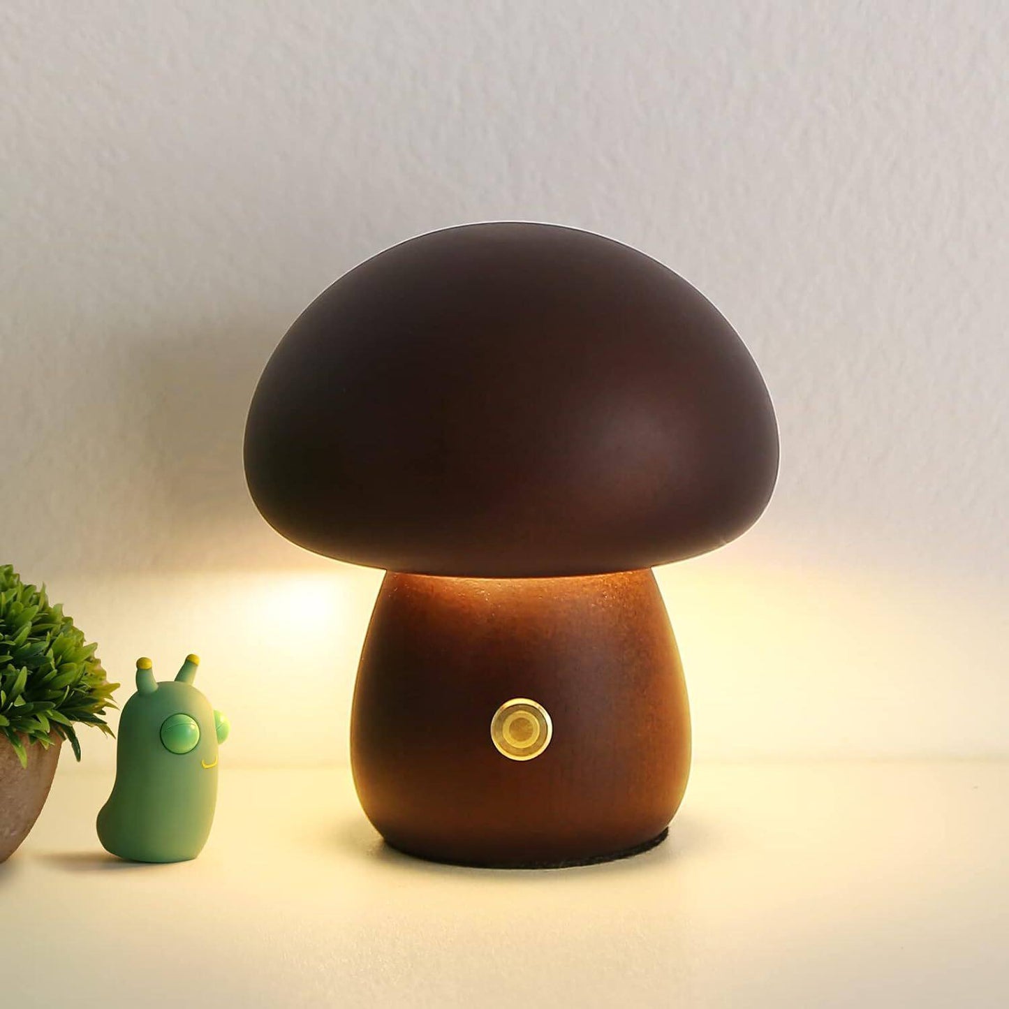 Solid Wood Mushroom Ambient Lamp | 3000K Warm LED Night Light | Touch Dimmer | Engravable Desk Decor