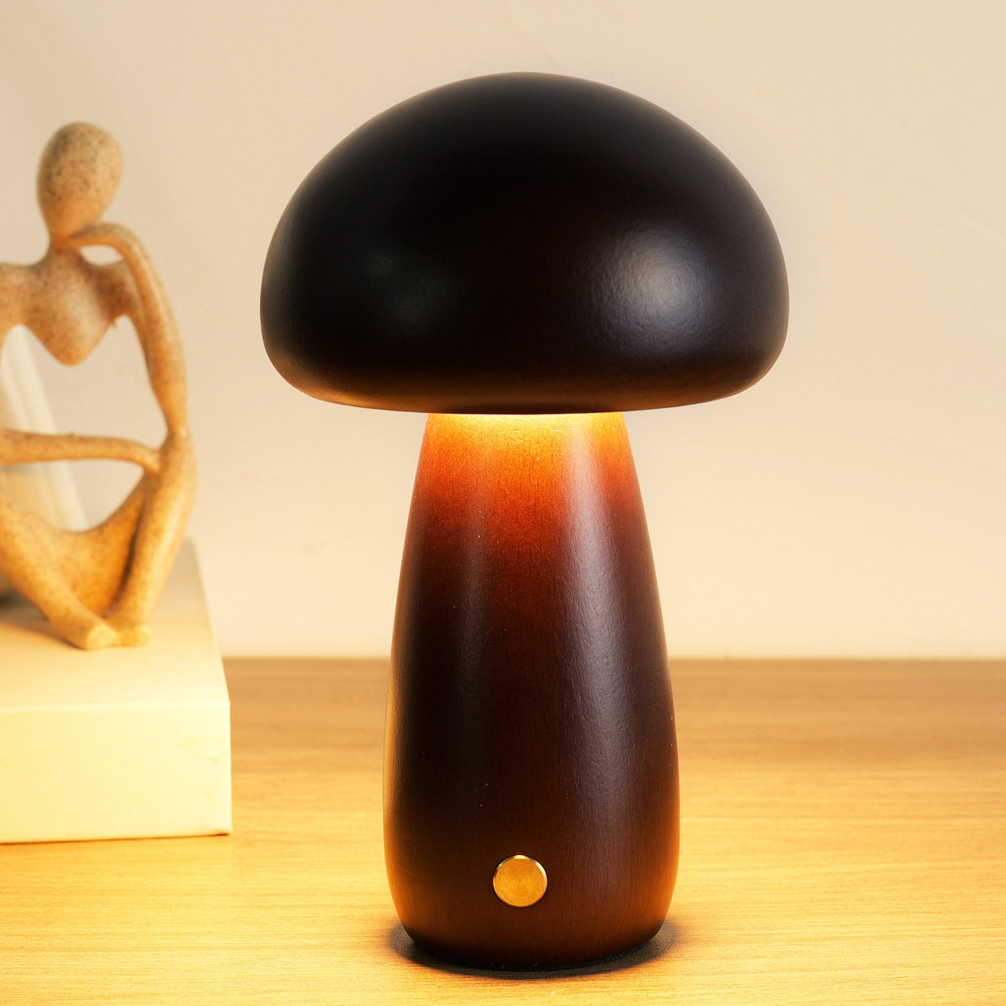 Solid Wood Mushroom Ambient Lamp | 3000K Warm LED Night Light | Touch Dimmer | Engravable Desk Decor