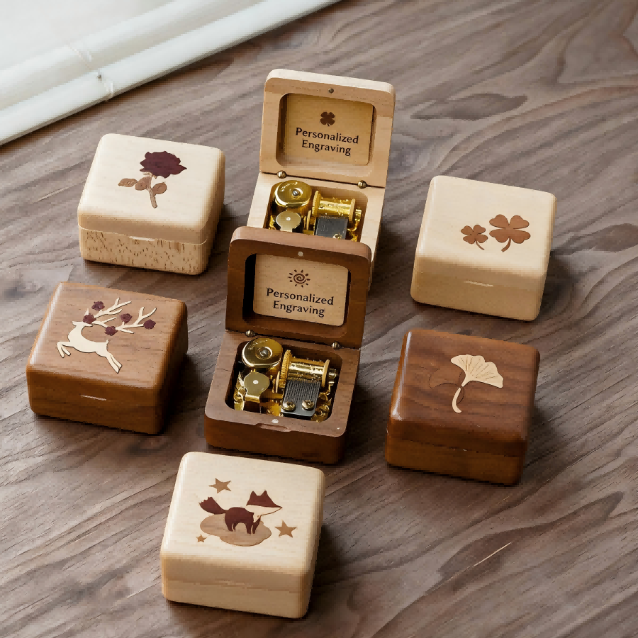 Solid Wood Music Box | Natural Wood Wind-Up Musical Box | Laser Engraved Lid | Custom Song & Engraving