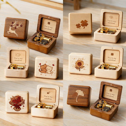 Solid Wood Music Box | Natural Wood Wind-Up Musical Box | Laser Engraved Lid | Custom Song & Engraving