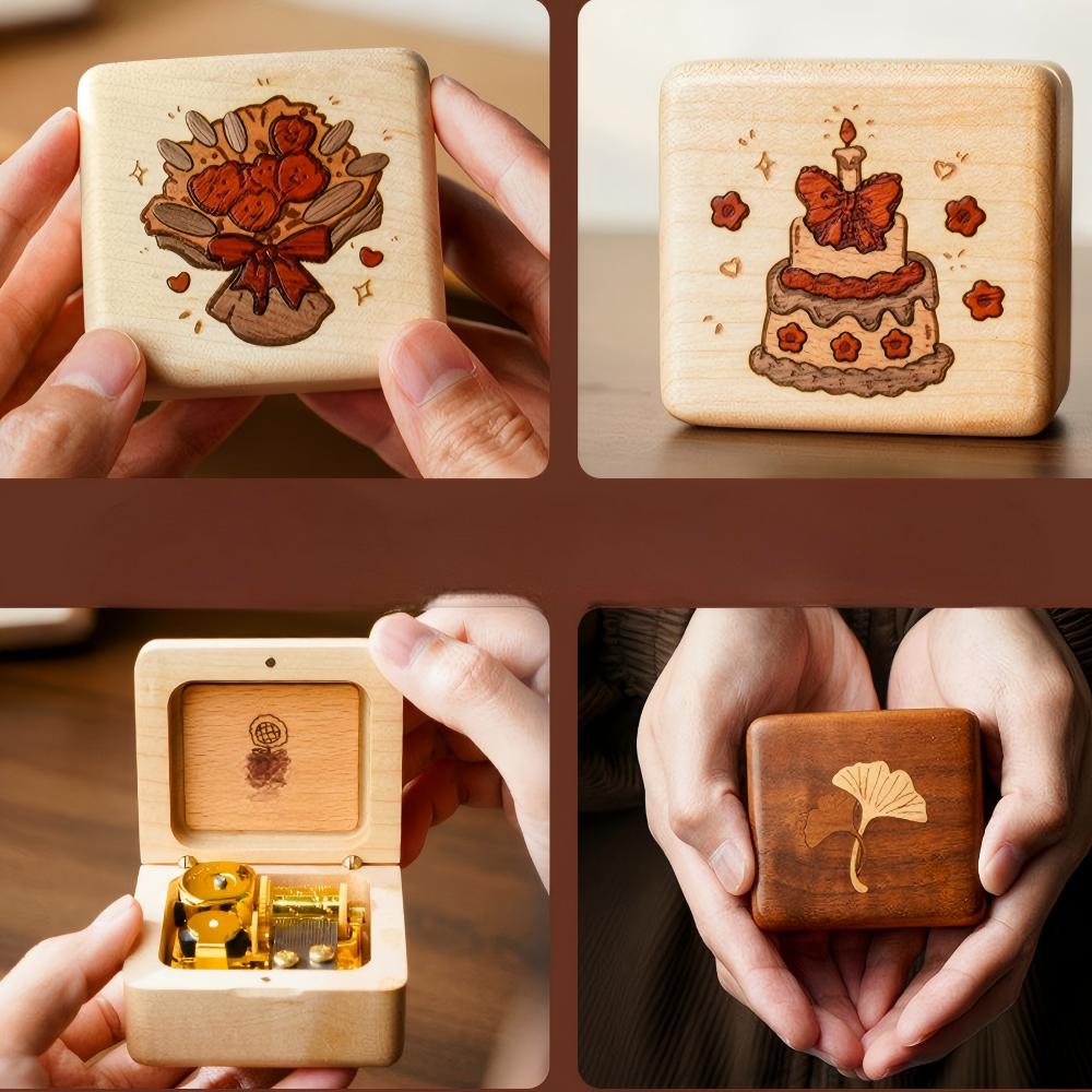 Solid Wood Music Box | Natural Wood Wind-Up Musical Box | Laser Engraved Lid | Custom Song & Engraving