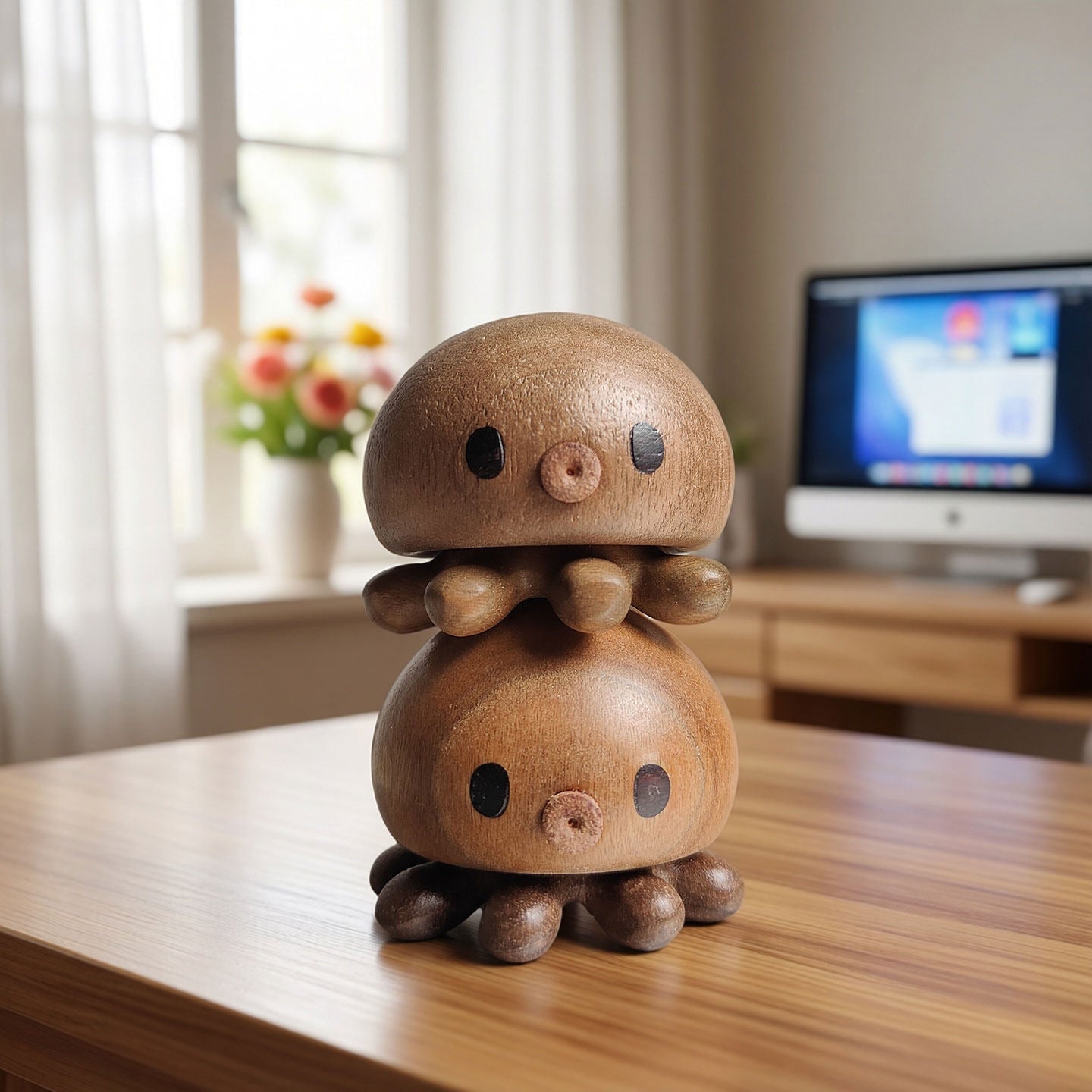 Solid Wood Octopus Figurine 2-Pack | Magnetic Aromatherapy Desk Sculpture | Engravable Stress Relief Gift