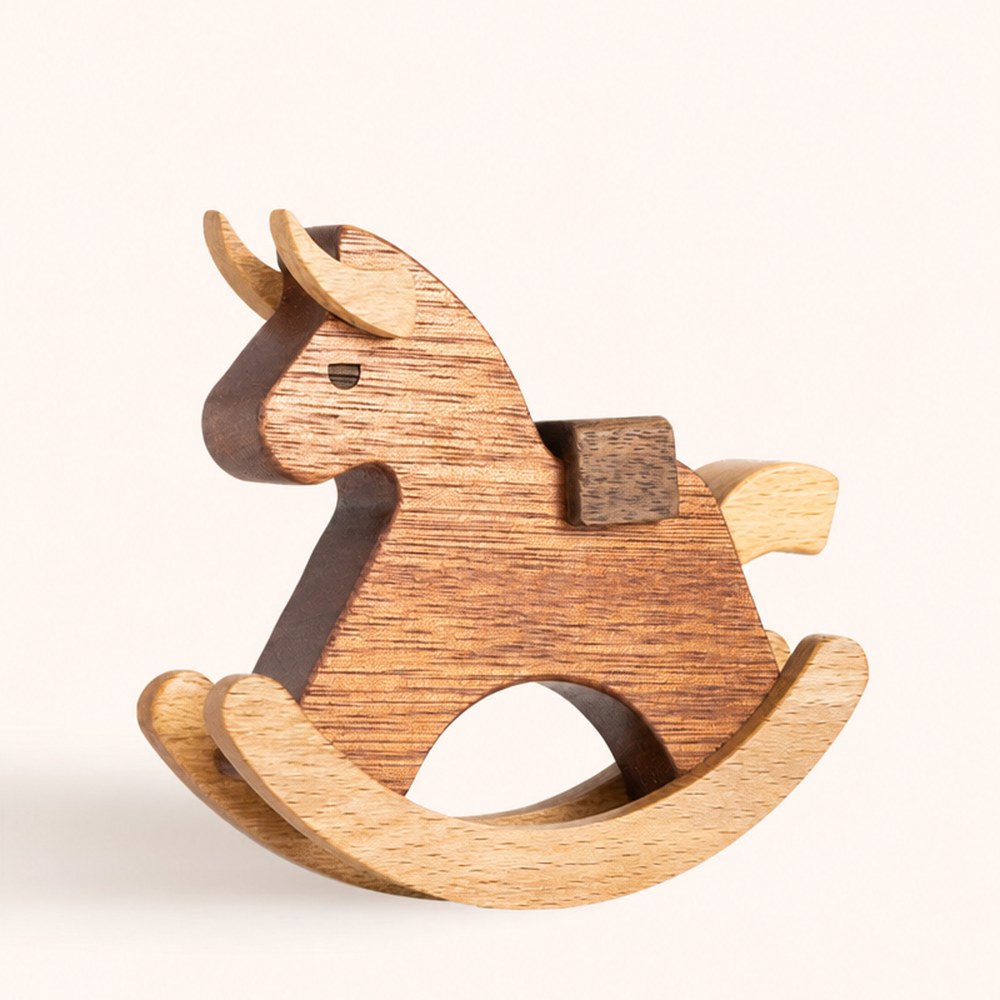 Solid Wood Rocking Bull Figurine, Handcrafted Multi-Wood Desk Decor, Office Humor Gift