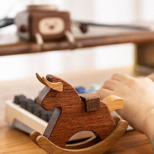Solid Wood Rocking Bull Figurine, Handcrafted Multi-Wood Desk Decor, Office Humor Gift