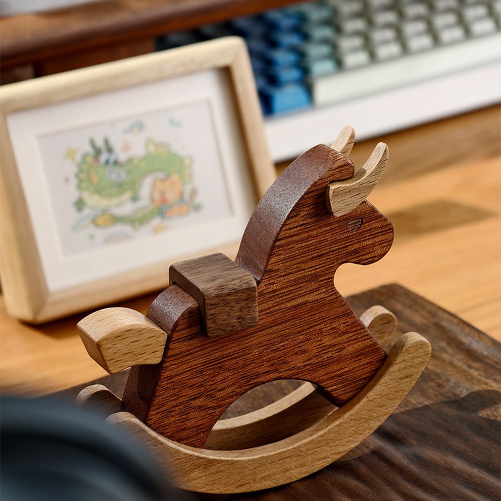 Solid Wood Rocking Bull Figurine, Handcrafted Multi-Wood Desk Decor, Office Humor Gift