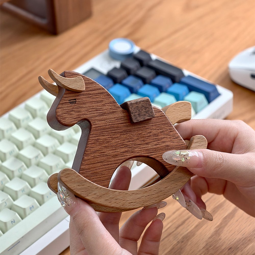 Solid Wood Rocking Bull Figurine, Handcrafted Multi-Wood Desk Decor, Office Humor Gift
