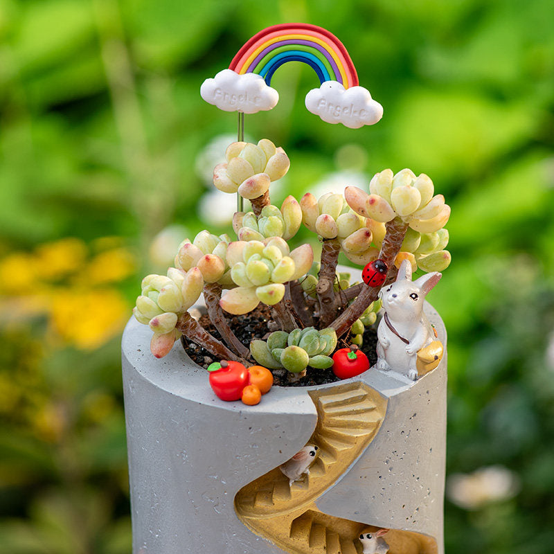 Spiral Staircase Succulent Planter | Miniature Animal Village Resin Pot | Cute Desk Decor (No Plant)
