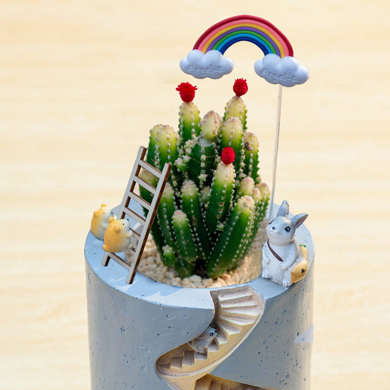 Spiral Staircase Succulent Planter | Miniature Animal Village Resin Pot | Cute Desk Decor (No Plant)