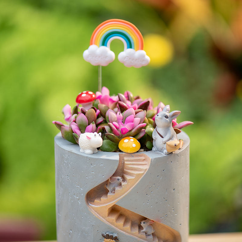 Spiral Staircase Succulent Planter | Miniature Animal Village Resin Pot | Cute Desk Decor (No Plant)