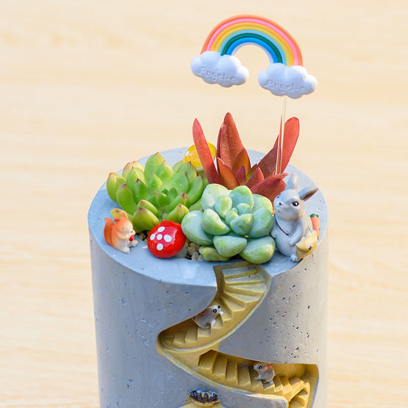 Spiral Staircase Succulent Planter | Miniature Animal Village Resin Pot | Cute Desk Decor (No Plant)