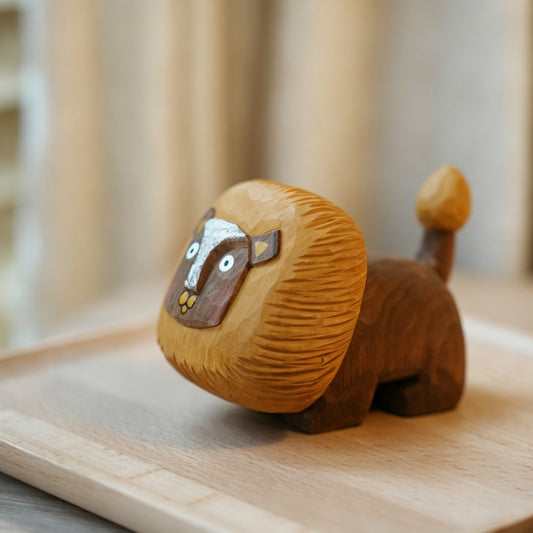 Square-Head Lion Wooden Figurine | Hand-Carved Hardwood Animal Decor | 3 Sizes | Engravable