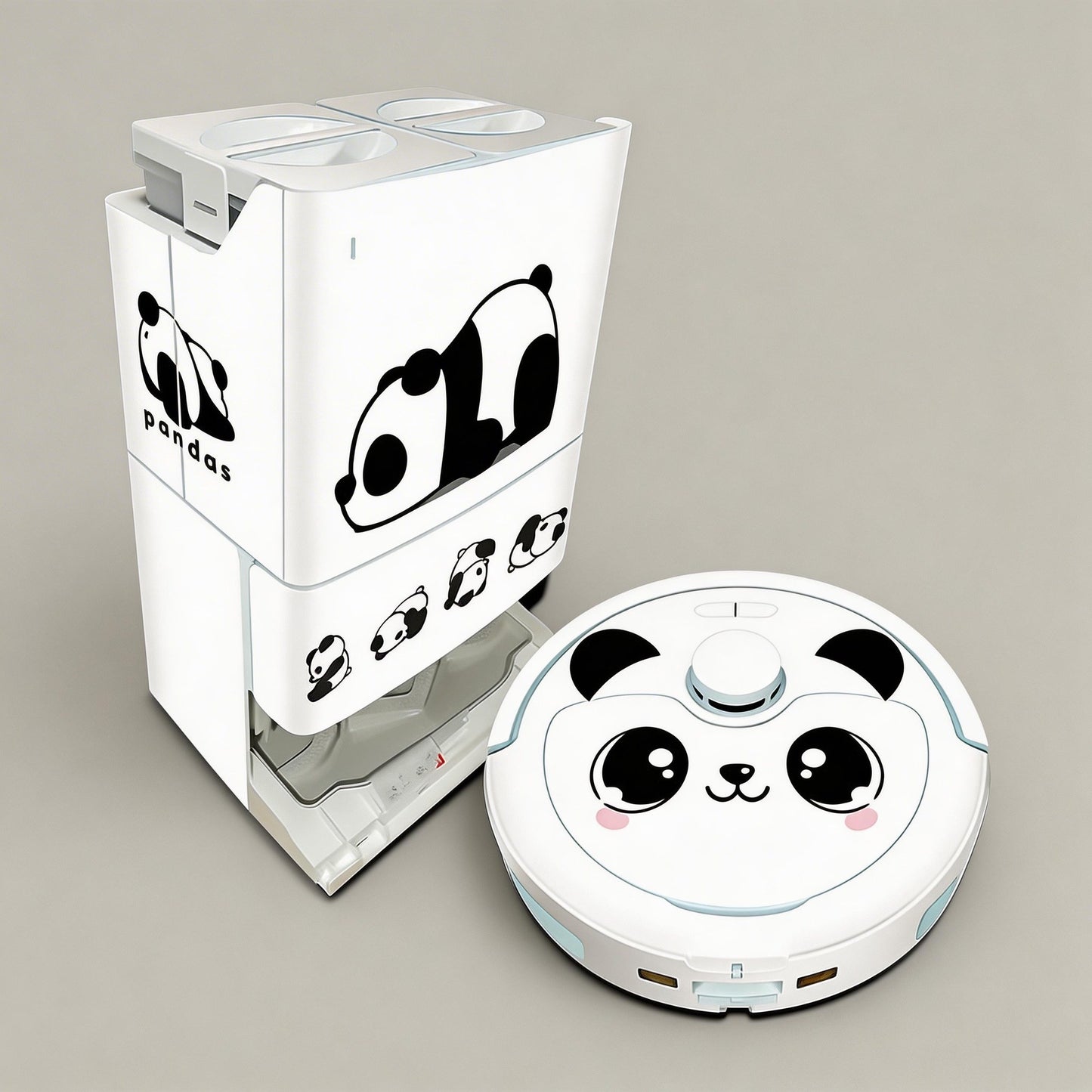 Panda-themed robot vacuum cleaner with packaging on a gray background