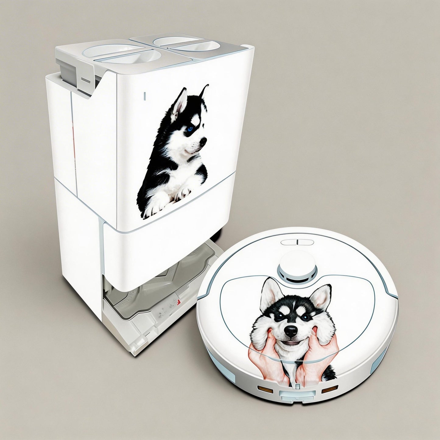 Robotic vacuum cleaner with a husky dog design on a gray background