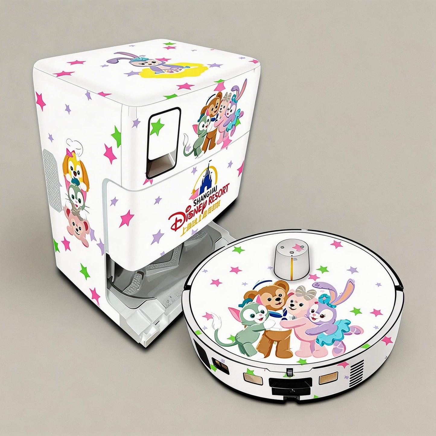 Robotic vacuum cleaner with Disney-themed design on a gray background