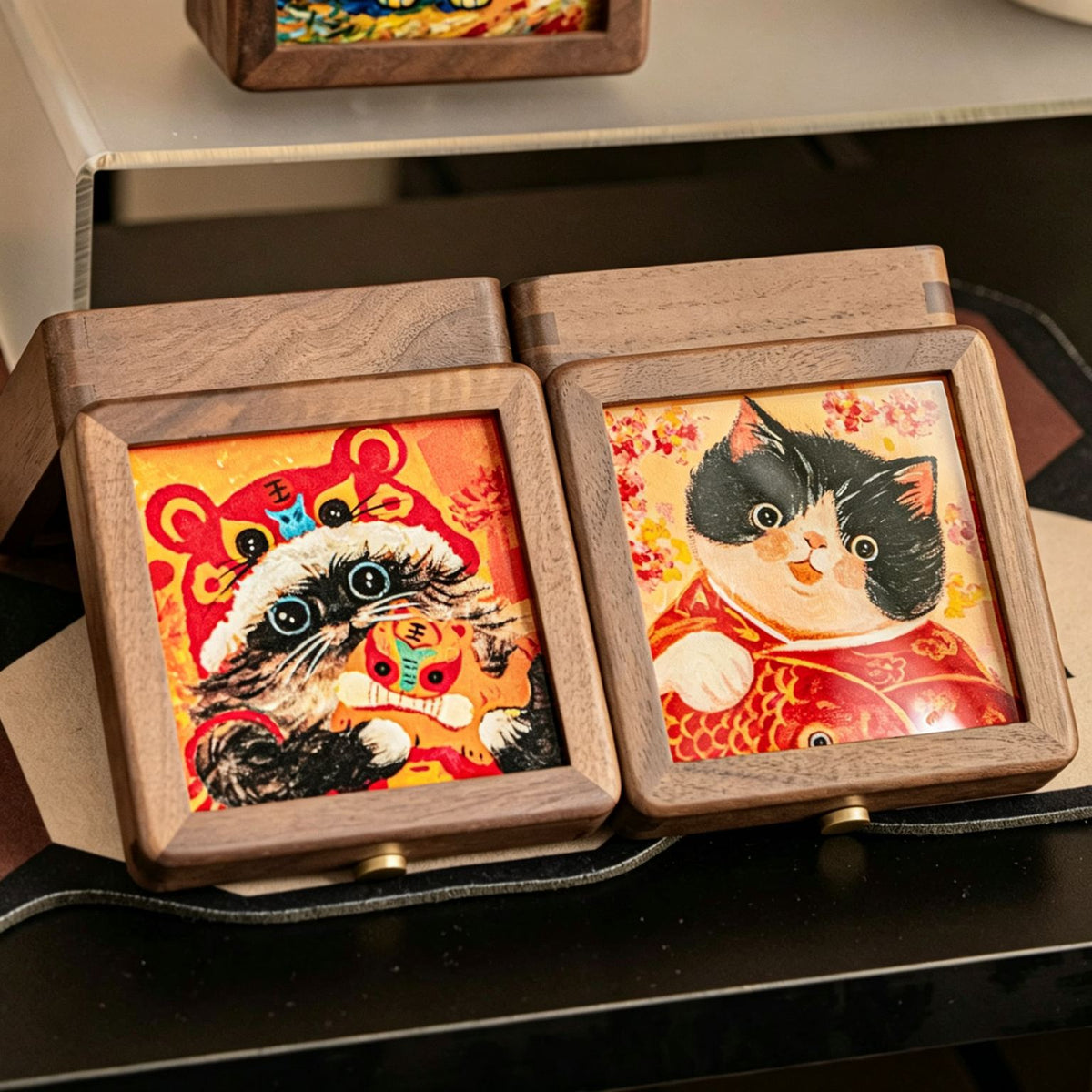 Starry Cat Art Walnut Keepsake Box | Tempered Glass Jewelry Case