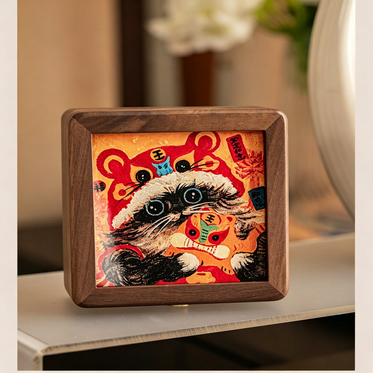 Starry Cat Art Walnut Keepsake Box | Tempered Glass Jewelry Case