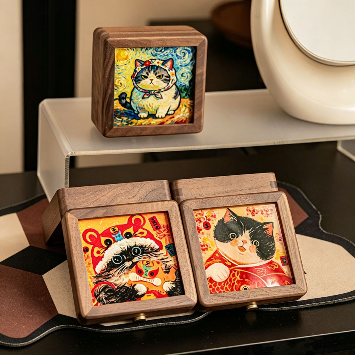 Starry Cat Art Walnut Keepsake Box | Tempered Glass Jewelry Case