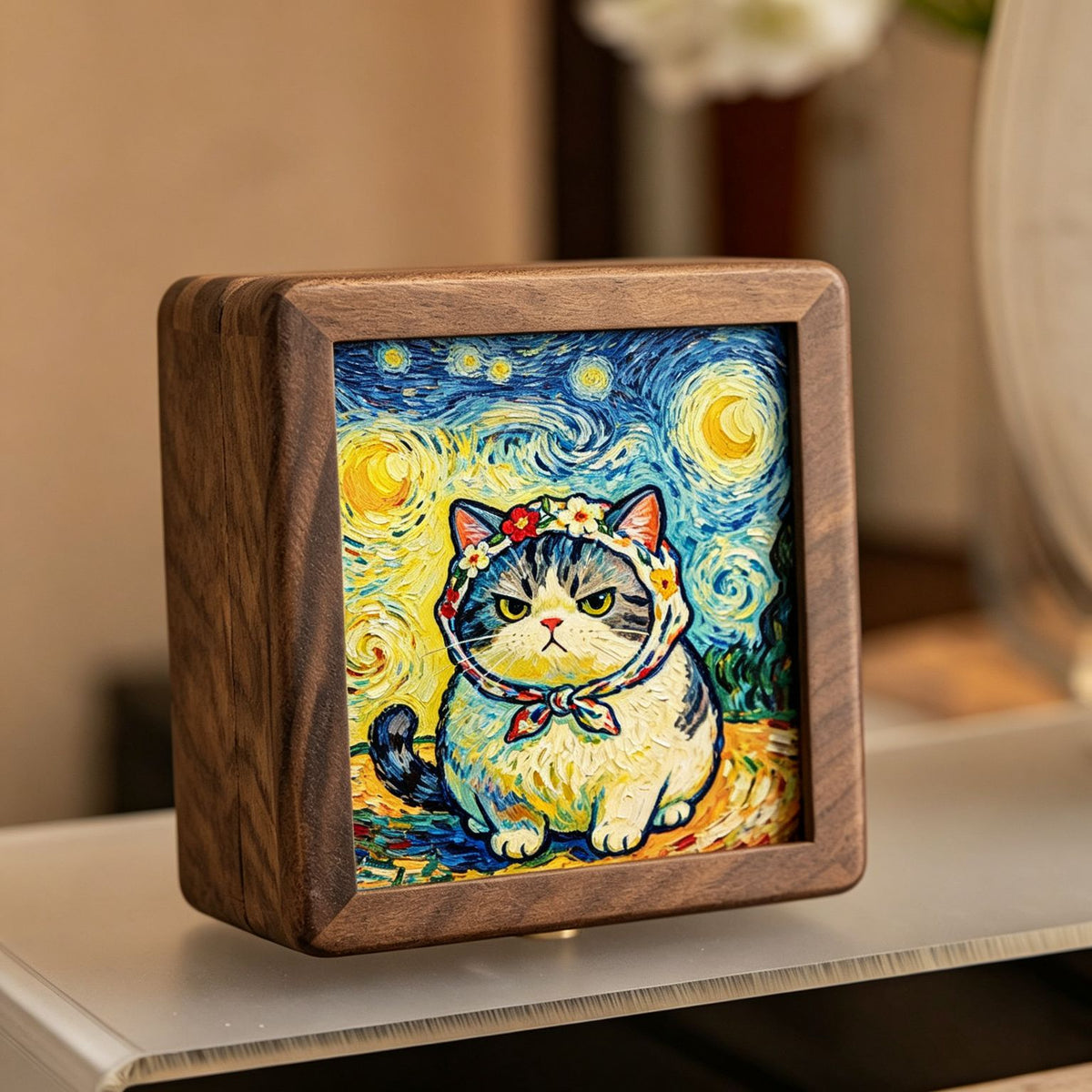 Starry Cat Art Walnut Keepsake Box | Tempered Glass Jewelry Case