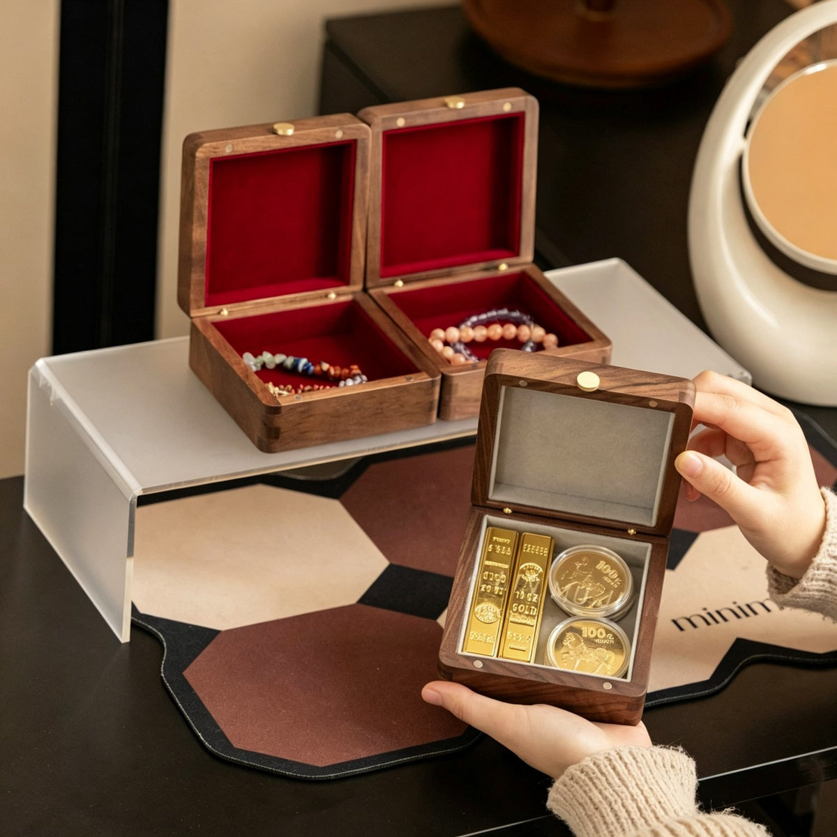 Starry Cat Art Walnut Keepsake Box | Tempered Glass Jewelry Case