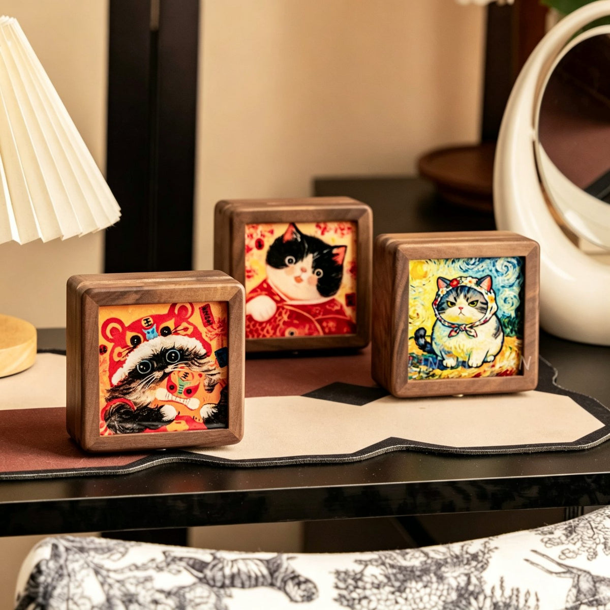 Starry Cat Art Walnut Keepsake Box | Tempered Glass Jewelry Case