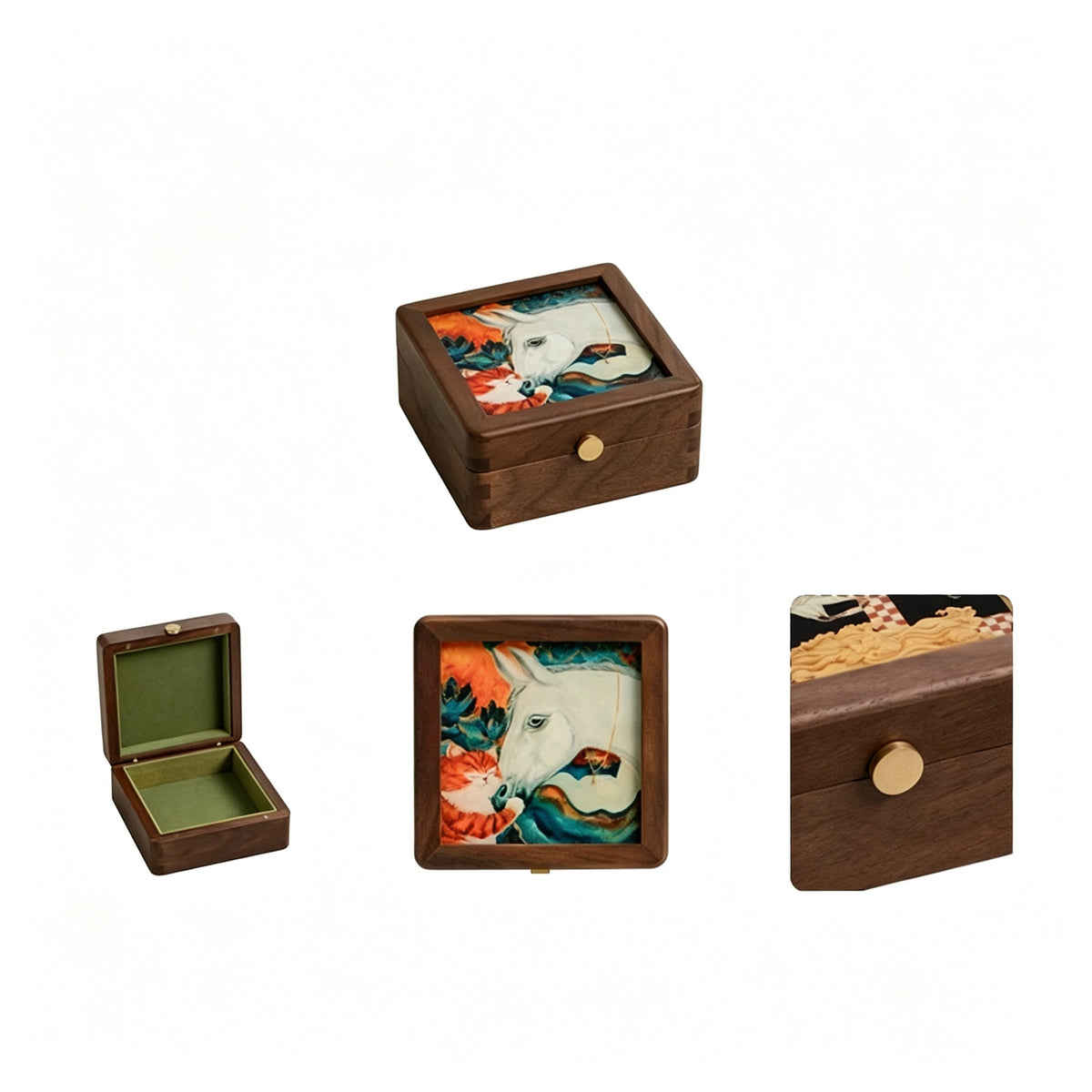Starry Cat Art Walnut Keepsake Box | Tempered Glass Jewelry Case