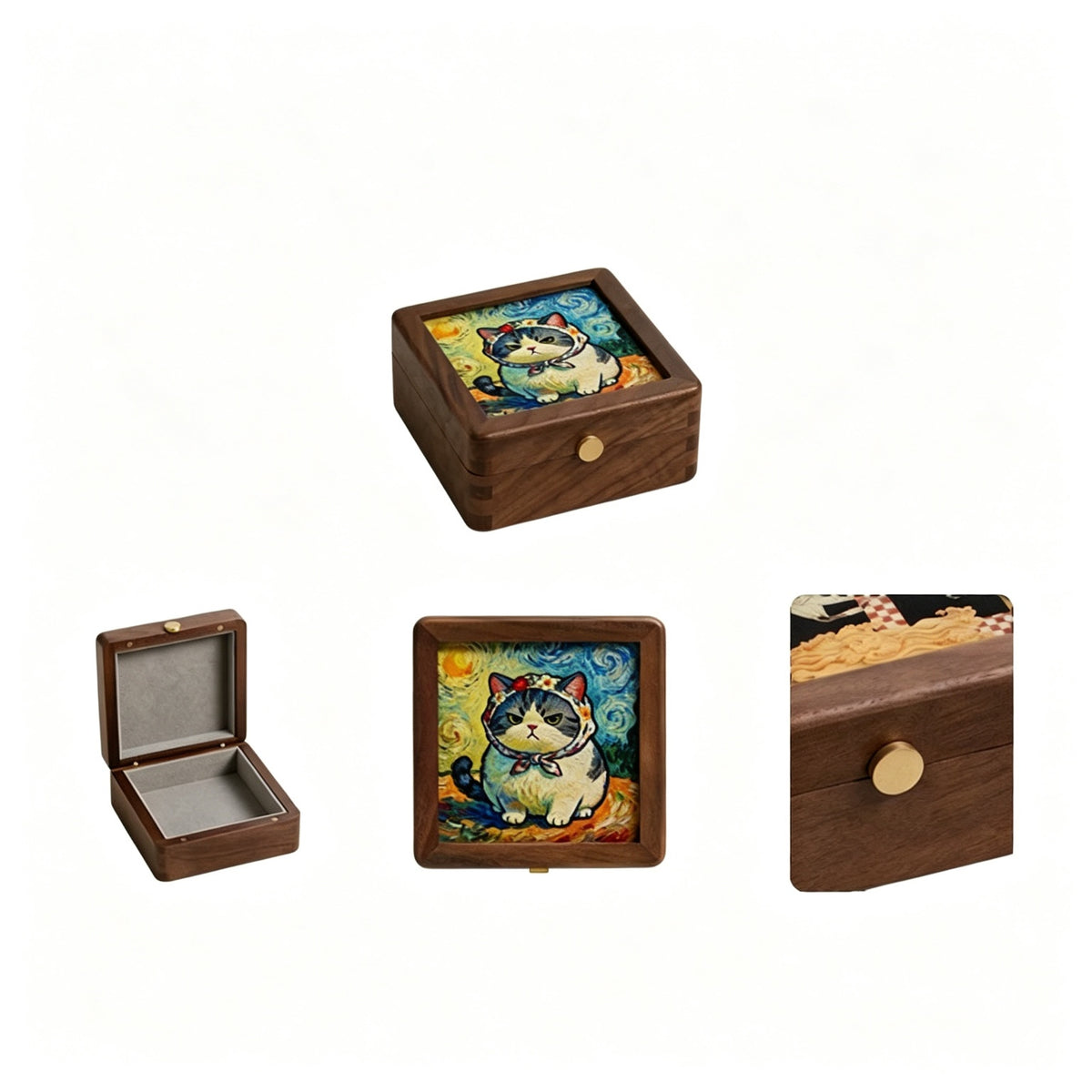 Starry Cat Art Walnut Keepsake Box | Tempered Glass Jewelry Case